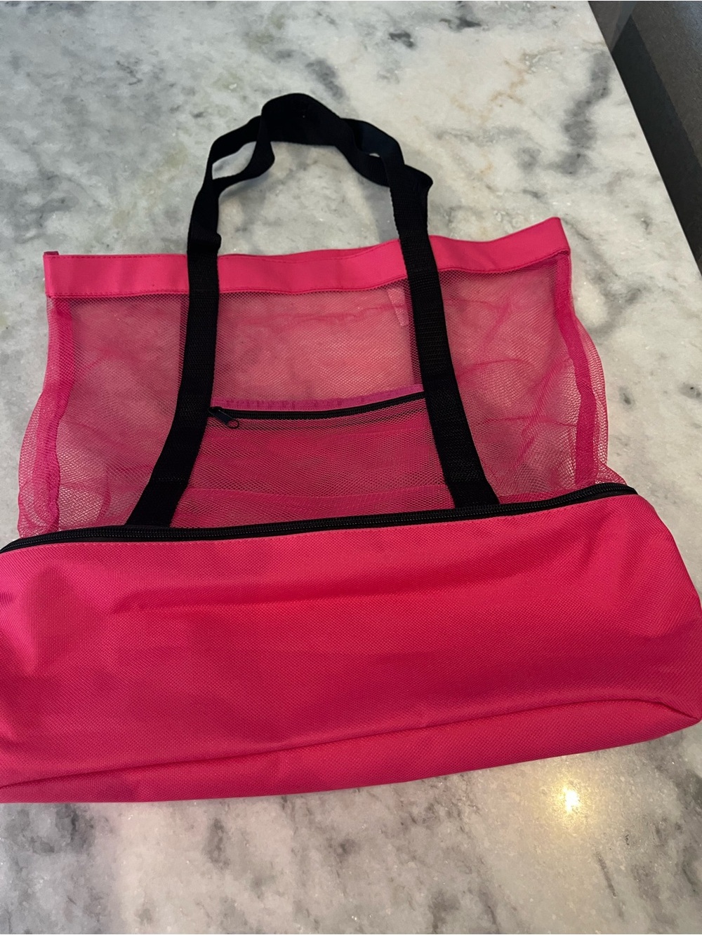Pink Mesh Beach Tote with Black Straps and lunch compartment